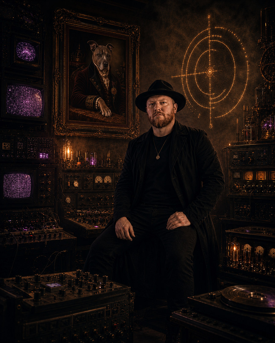 Cosmic Interjections transmission room portrait with Gordo relic portrait